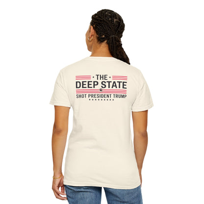 "The Deep State Shot President Trump" #02, Unisex White T-shirt