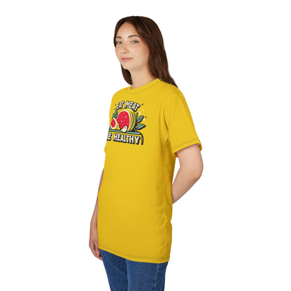 "Eat Meat & Be Healthy", Unisex T-shirt (Gold Yellow)