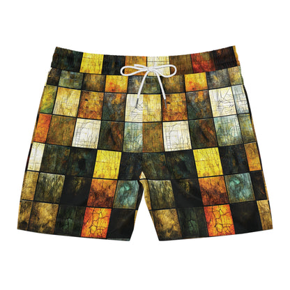 "Wood Block Pattern" #01, Men's Mid-Length Swim Shorts