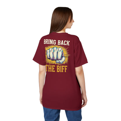 "Bring Back The Biff", Unisex T-shirt (Dark Cherry Red)