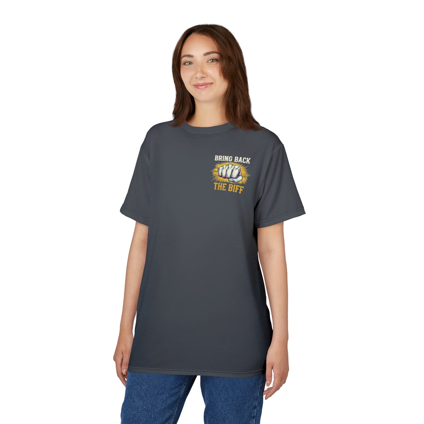 "Bring Back The Biff", Unisex T-shirt (Hebridean Grey)