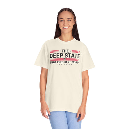 "The Deep State Shot President Trump" #02, Unisex White T-shirt