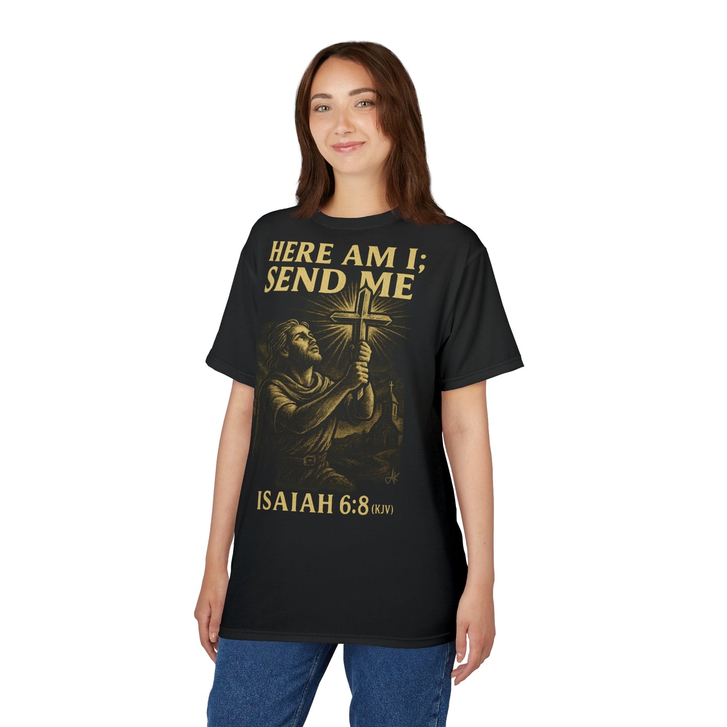 "Isaiah 6:8 (KJV)", Wearable Art Unisex T-shirt (Peatshadow Black)