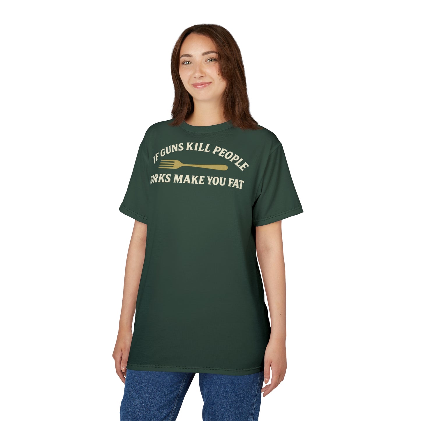 ''Forks Make You Fat", Unisex T-shirt (Black Forest Green)
