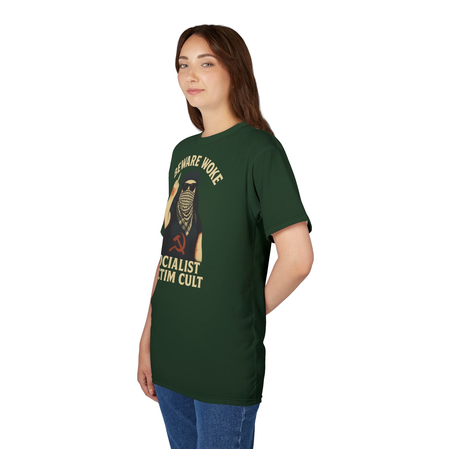 "Beware Woke - Voltaire", Wearable Art Unisex T-shirt (Mireleaf Green)