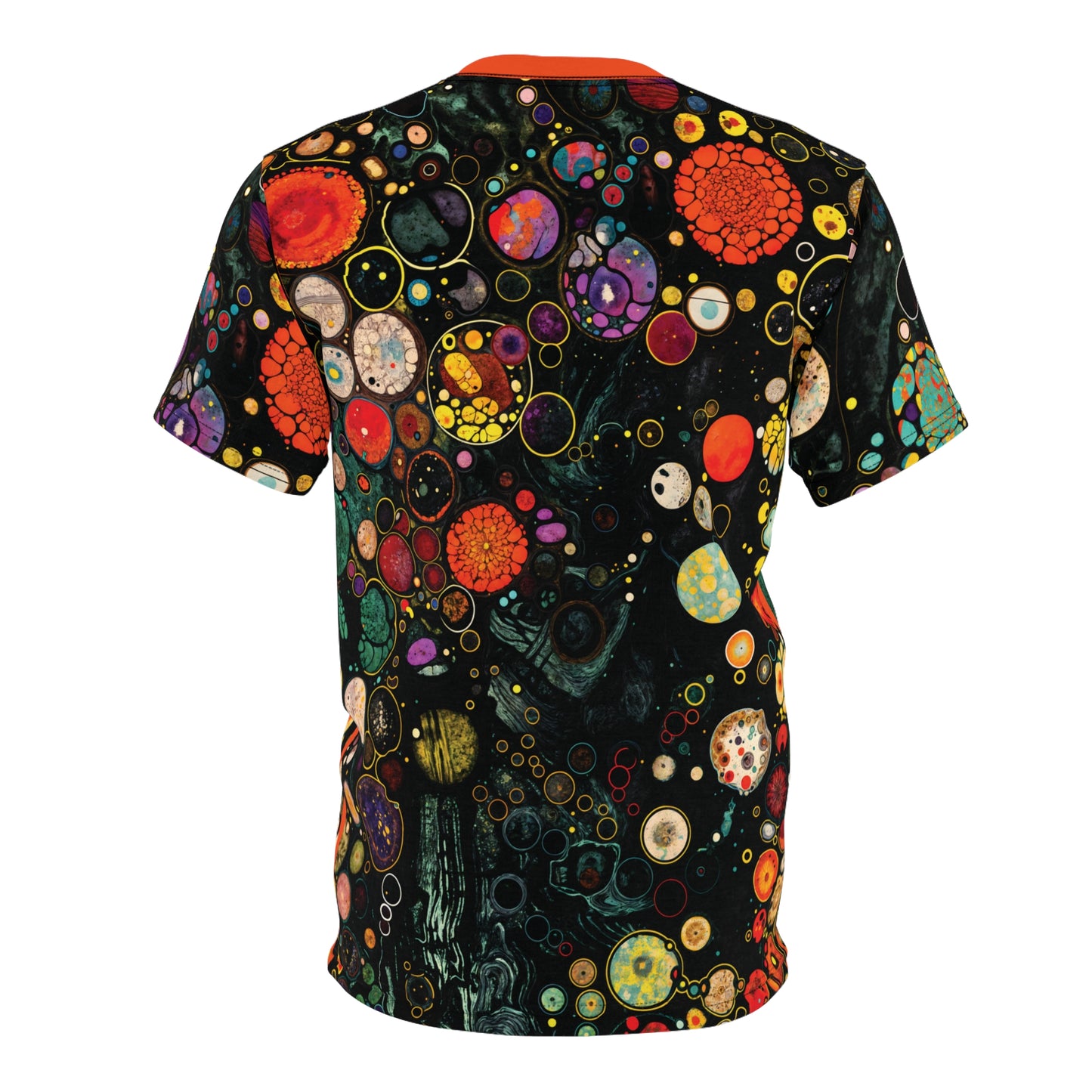 "Divine Riddle", Wearable Fine Art Unisex T-shirt (Tangelo Orange Collar)