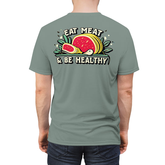 "Eat Meat & Be Healthy", Unisex T-shirt (Hebridean Flint)