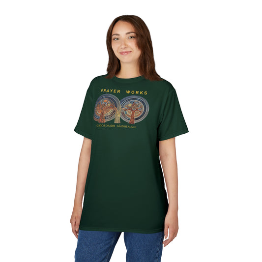 "Prayer Works – Gaelic Christian", Wearable Fine Art Unisex T-shirt (Deep Grove Green)