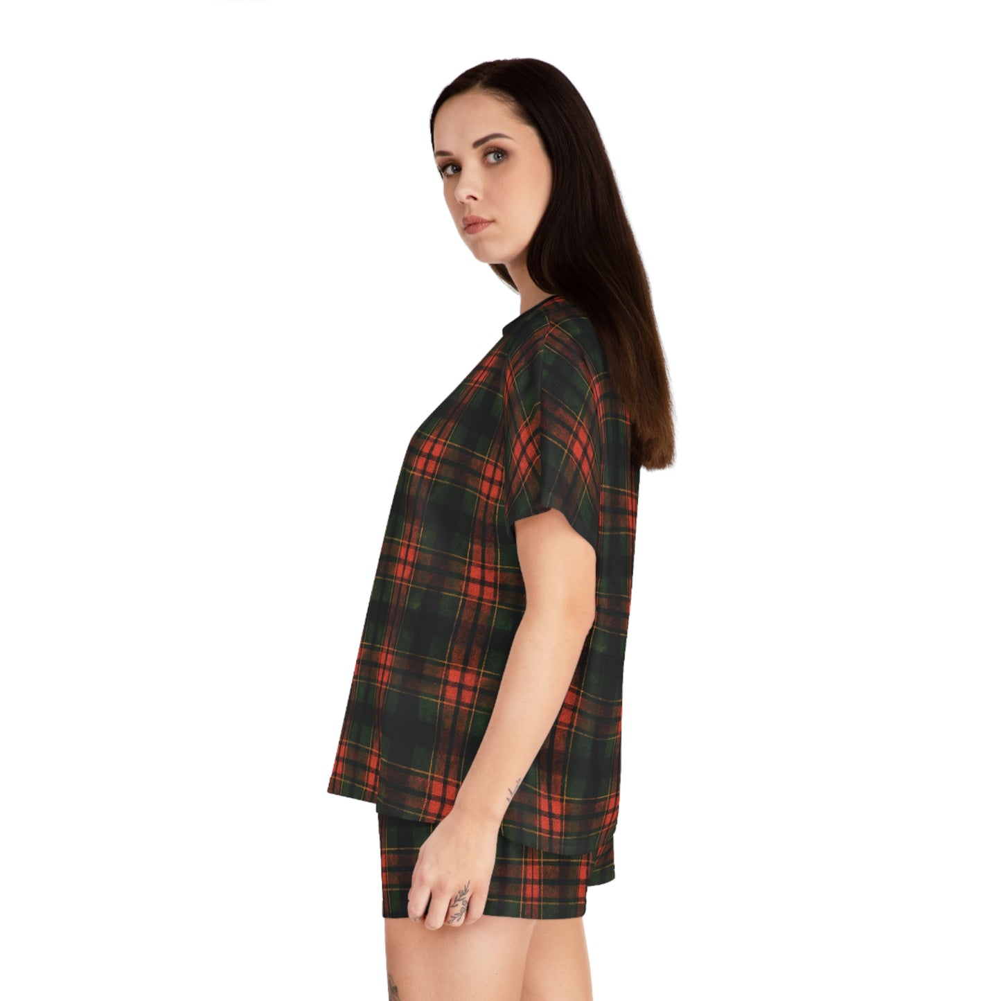 "Kilmor Brieve Tartan", Women's Short Pajama Set (Black Collar & Waist)