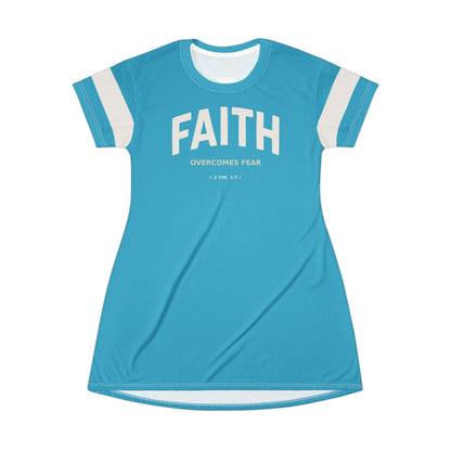 "Faith Overcomes Fear", T-Shirt Dress (Minoan Blue)