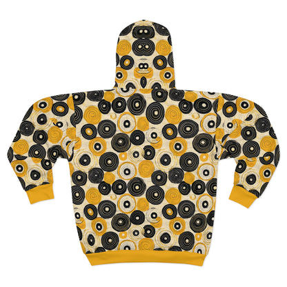"Old 45's", Wearable Pattern Art Unisex Zip Hoodie (Cyber Yellow Cuffs)