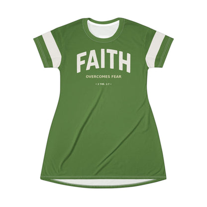 "Faith Overcomes Fear", T-Shirt Dress (Avocado Green)