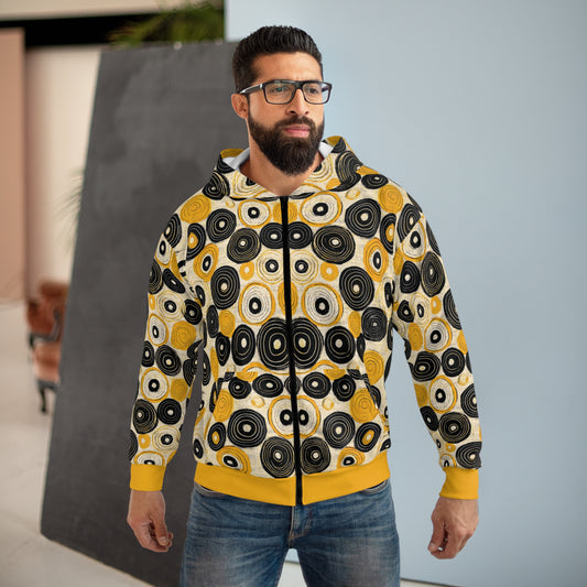 "Old 45's", Wearable Pattern Art Unisex Zip Hoodie (Cyber Yellow Cuffs)
