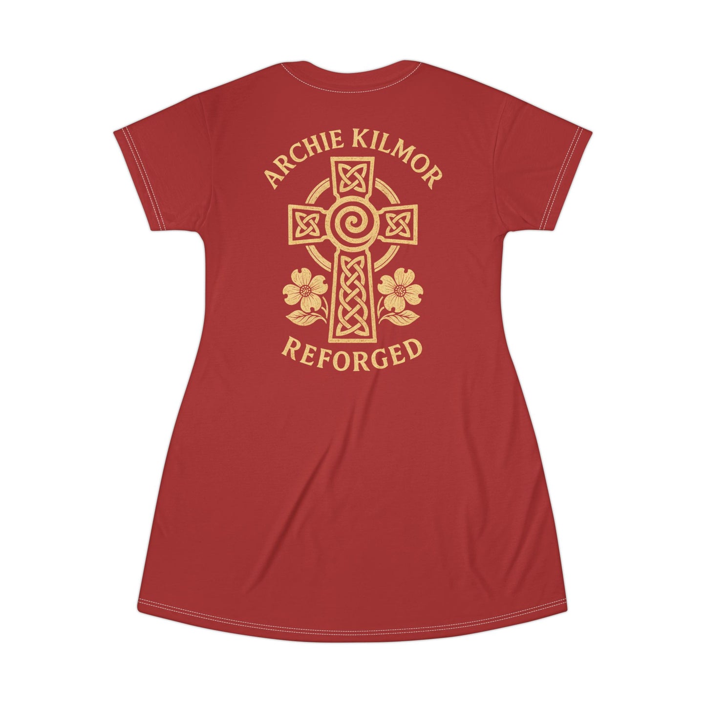 "Archie Kilmor Cross - Reforged" #01, Wearable Art T-Shirt Dress (Carnelian Red)