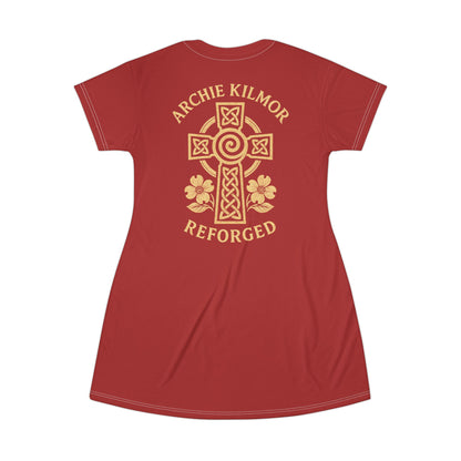 "Archie Kilmor Cross - Reforged" #01, Wearable Art T-Shirt Dress (Carnelian Red)