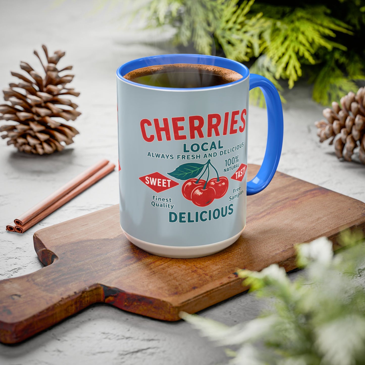 "Delicious Cherries", Colorful Mugs (11oz, 15oz) (Washed Silver-Blue)