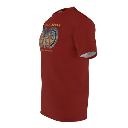 "Prayer Works – Gaelic Christian", Wearable Fine Art Unisex T-shirt (Emberline Red)