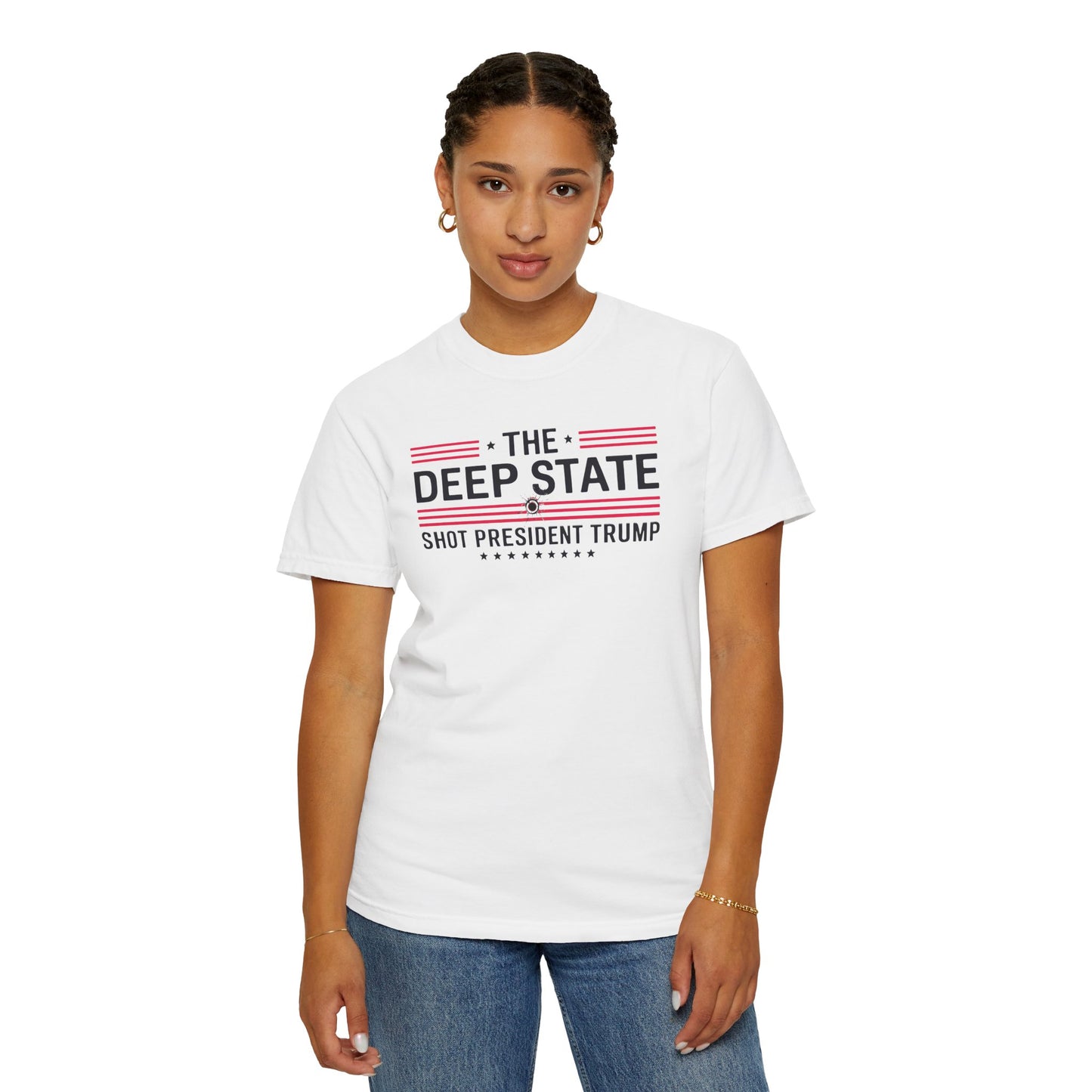 "The Deep State Shot President Trump" #02, Unisex White T-shirt