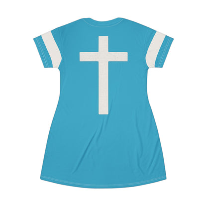 "Faith Overcomes Fear", T-Shirt Dress (Minoan Blue)