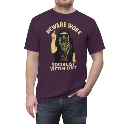 "Beware Woke - Voltaire", Wearable Art Unisex T-shirt (Blackberry Wine)