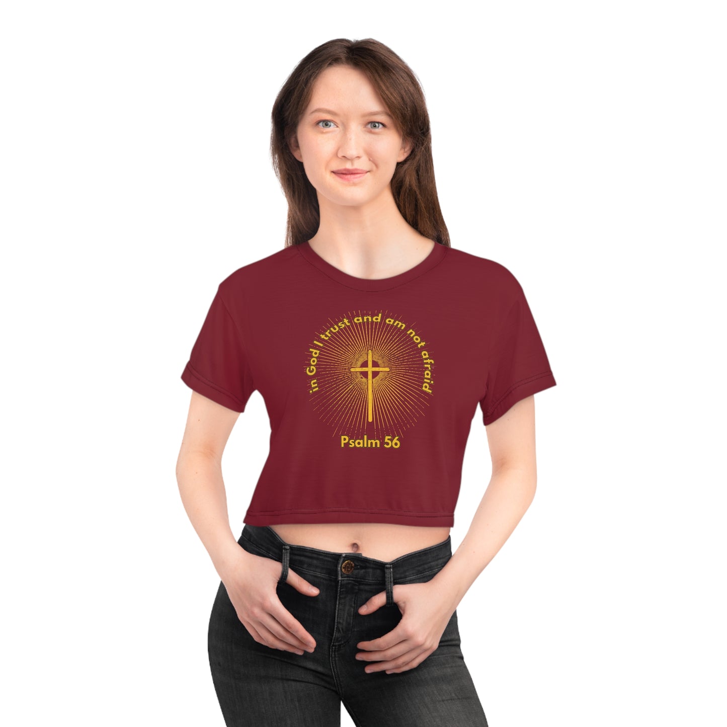 "Psalm 56 - In God I Trust and Am Not Afraid", Crop Tee (Dark Cherry Red)