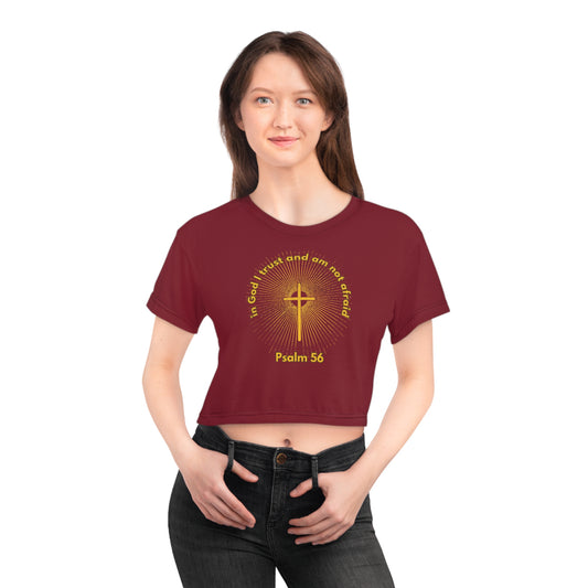 "Psalm 56 - In God I Trust and Am Not Afraid", Crop Tee (Dark Cherry Red)