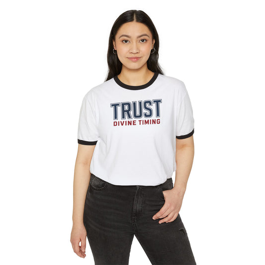 "Trust Divine Timing" #02, Unisex Cotton Ringer T-Shirt