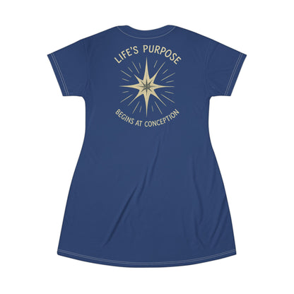 "Life's Purpose Begins at Conception #02", T-Shirt Dress (Mermaid Blues)