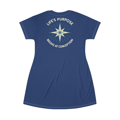 "Life's Purpose Begins at Conception #01", T-Shirt Dress (Mermaid Blues)
