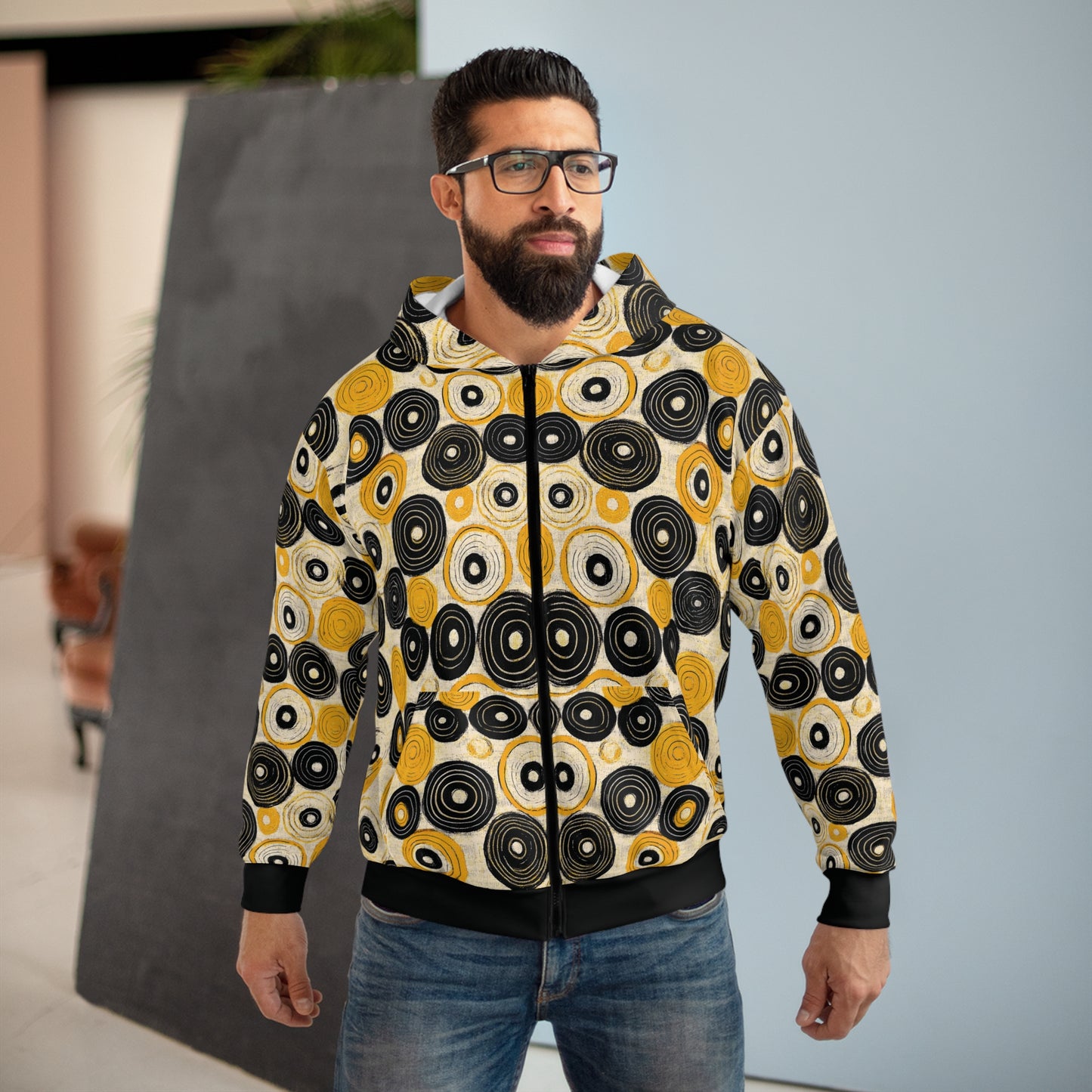"Old 45's", Wearable Pattern Art Unisex Zip Hoodie (70's Black Cuffs)