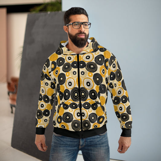 "Old 45's", Wearable Pattern Art Unisex Zip Hoodie (70's Black Cuffs)