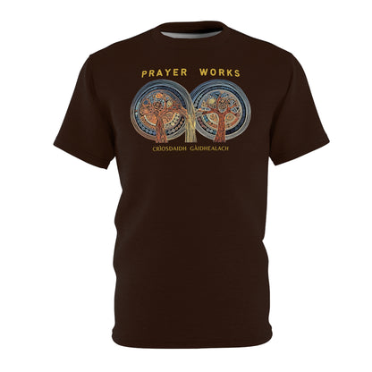 "Prayer Works – Gaelic Christian", Wearable Fine Art Unisex T-shirt (Rich Soil Brown)