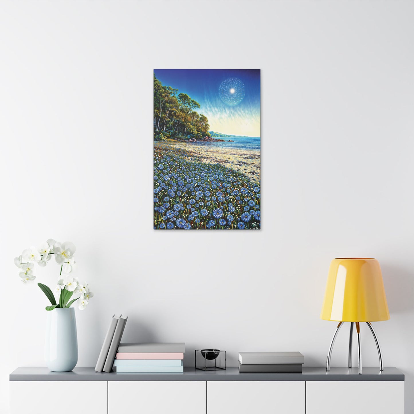 "Azure Petals on Silver Shore", Stretched Classic Canvas Fine Art Print