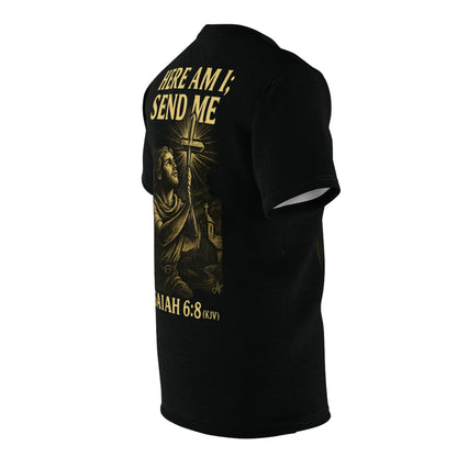 "Isaiah 6:8 (KJV)", Wearable Art Unisex T-shirt (Peatshadow Black)