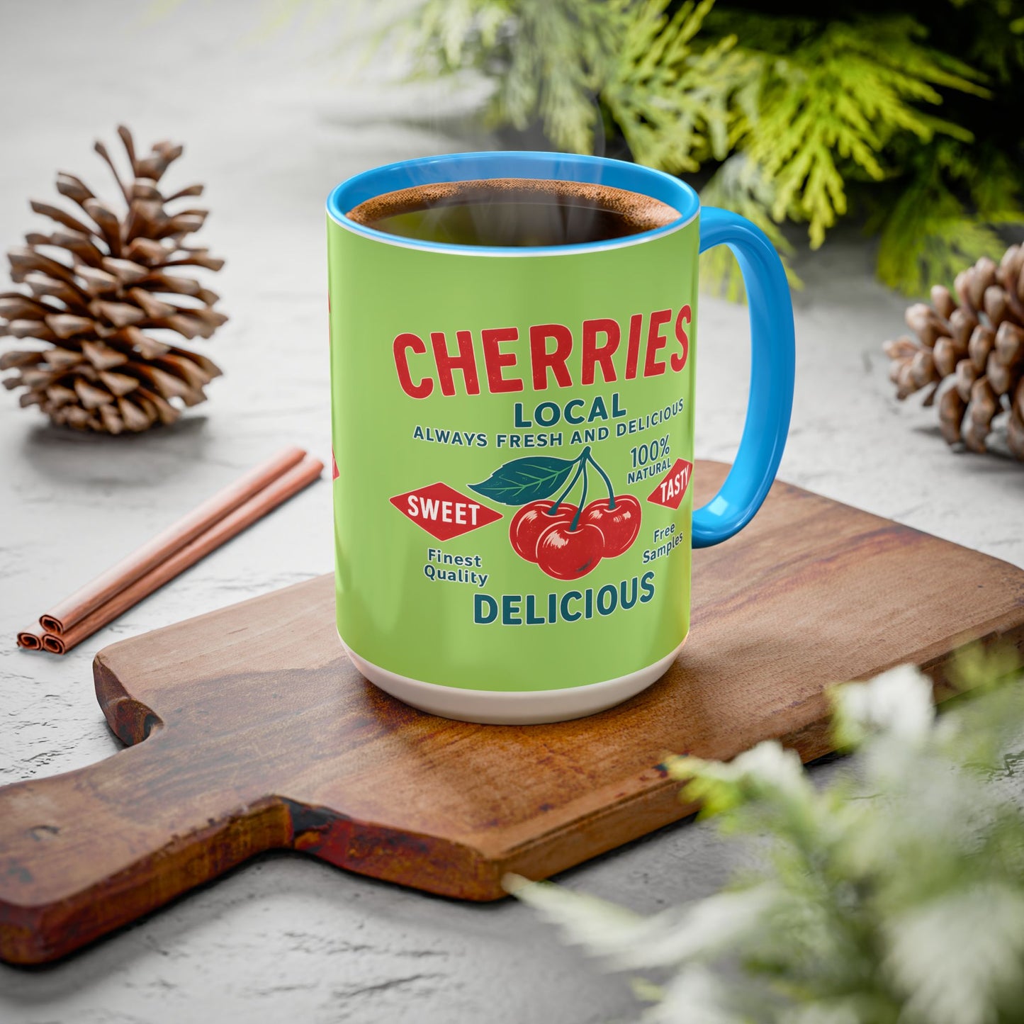 "Delicious Cherries", Colorful Mugs (11oz, 15oz) (Orchard Lime)