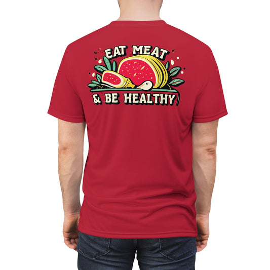 "Eat Meat & Be Healthy", Unisex T-shirt (Cardinal Red)