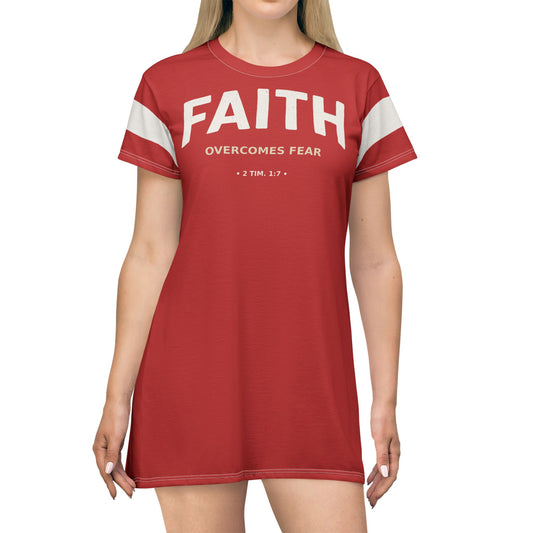 "Faith Overcomes Fear", T-Shirt Dress (Light Cherry Red)