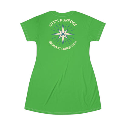 "Life's Purpose Begins at Conception #01", T-Shirt Dress (Lime Green)