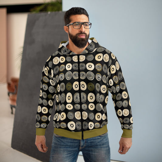 "Punk Polka", Wearable Pattern Art Unisex Zip Hoodie (Soft Fig Green Cuffs)