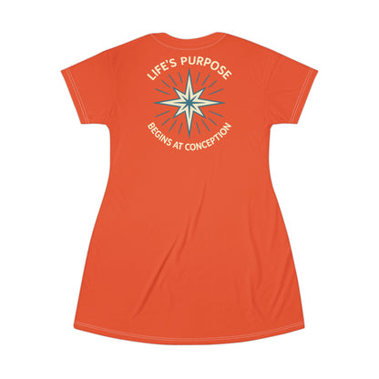 "Life's Purpose Begins at Conception #01", T-Shirt Dress (Tilted Pinball Orange)