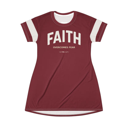 "Faith Overcomes Fear", T-Shirt Dress (Dark Cherry Red)