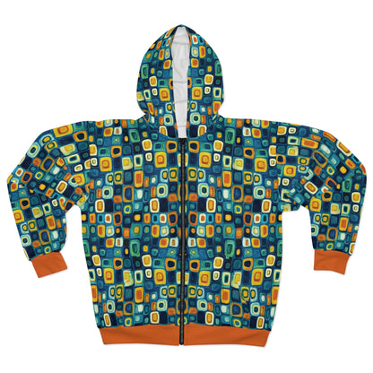 "Soul Mosaic", Unisex Wearable Art Zip Hoodie (Metallic Orange Cuffs & Waistband)
