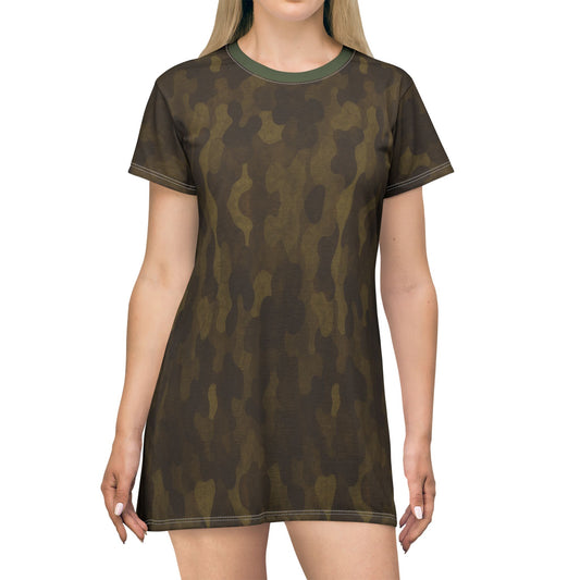 "Swamp Recon Camouflage", T-Shirt Dress (Fen Moss Green Collar)