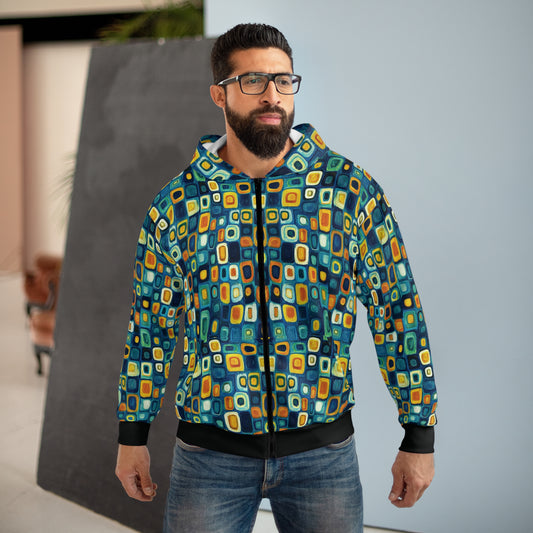 "Soul Mosaic", Unisex Wearable Art Zip Hoodie (Void Black Cuffs & Waistband)
