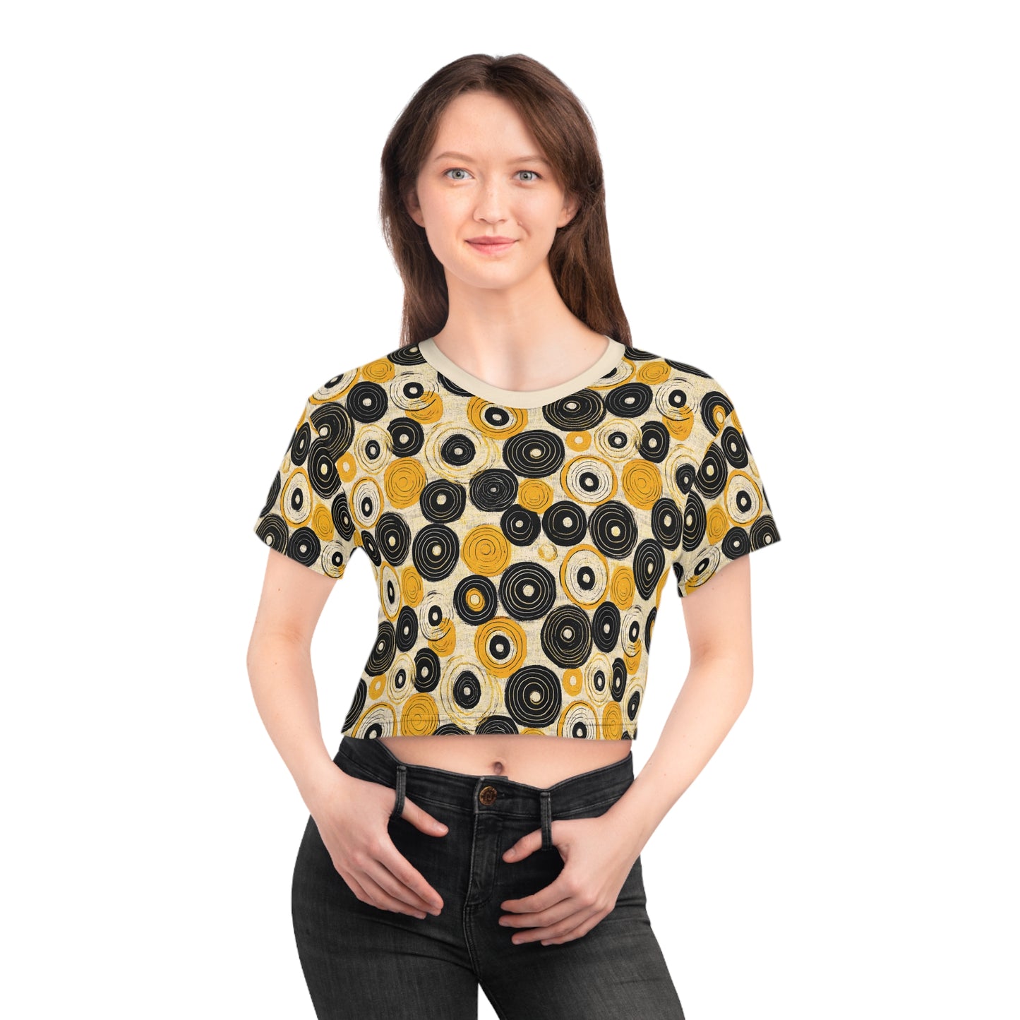 "Old 45's", Wearable Pattern Art Crop Tee (Dough White Collar)