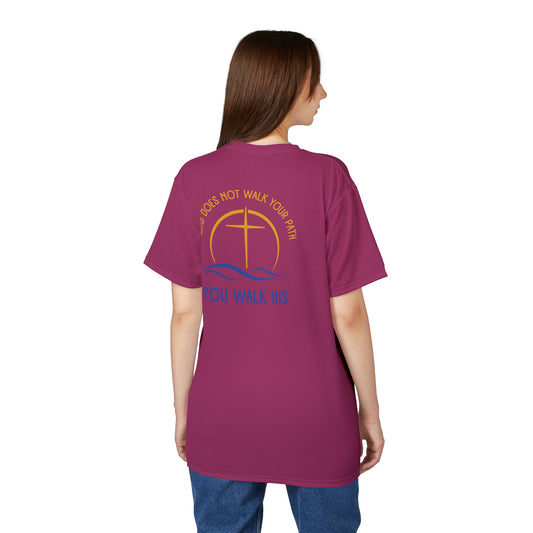"God Does Not Walk Your Path", Unisex T-shirt (Dark Pink)