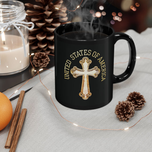 "USA Gold Cross", Black Mug (11oz & 15oz)