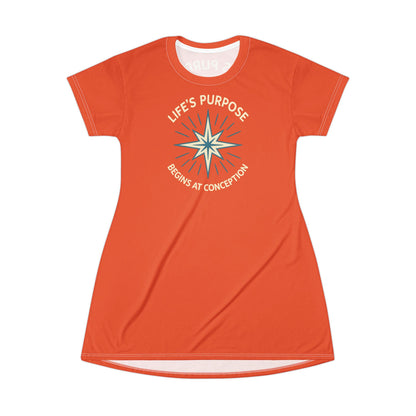 "Life's Purpose Begins at Conception #01", T-Shirt Dress (Tilted Pinball Orange)