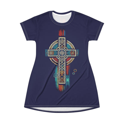 "Ancestral Faith", Wearable Art T-Shirt Dress (Obsidian Blue)