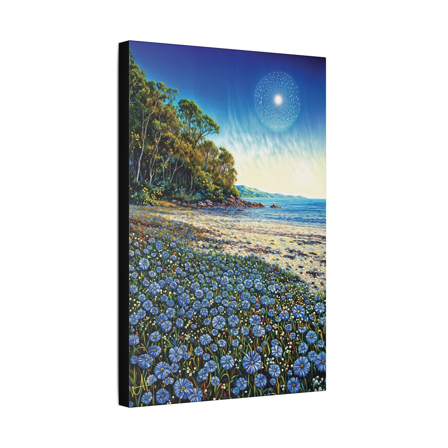 "Azure Petals on Silver Shore", Stretched Classic Canvas Fine Art Print